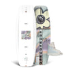 Front and back of M.E. FS wakeboard with pastel flower graphics shown beside light blue Dream 6R bindings.