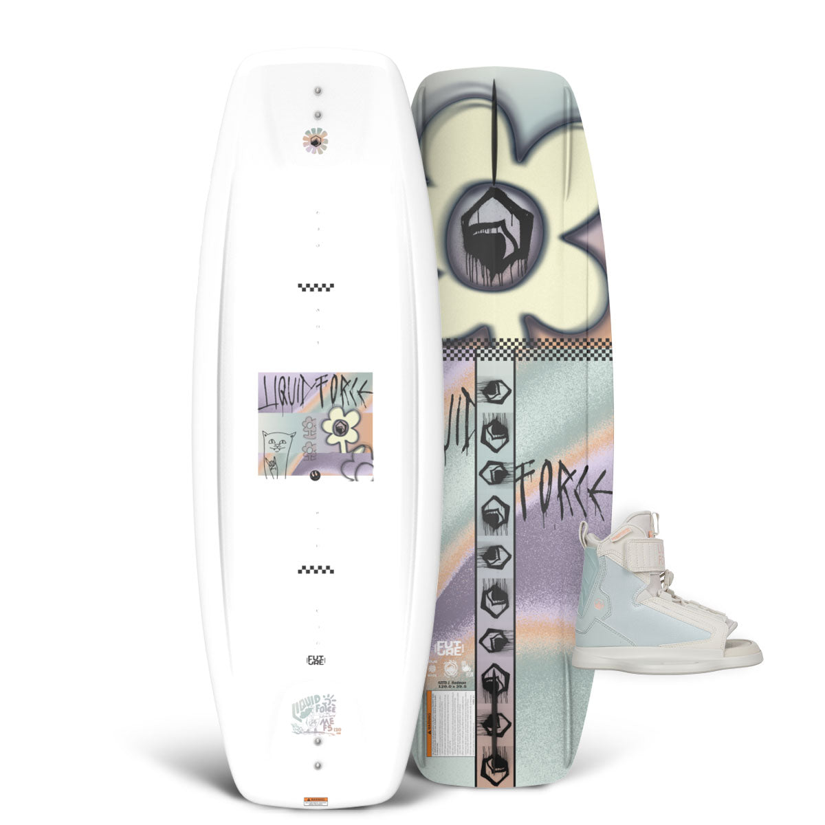 Front and back of M.E. FS wakeboard with pastel flower graphics shown beside light blue Dream 6R bindings.