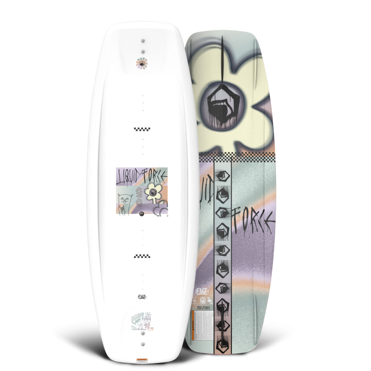 Front and base view of the M.E. FS wakeboard in white with pastel graffiti design.