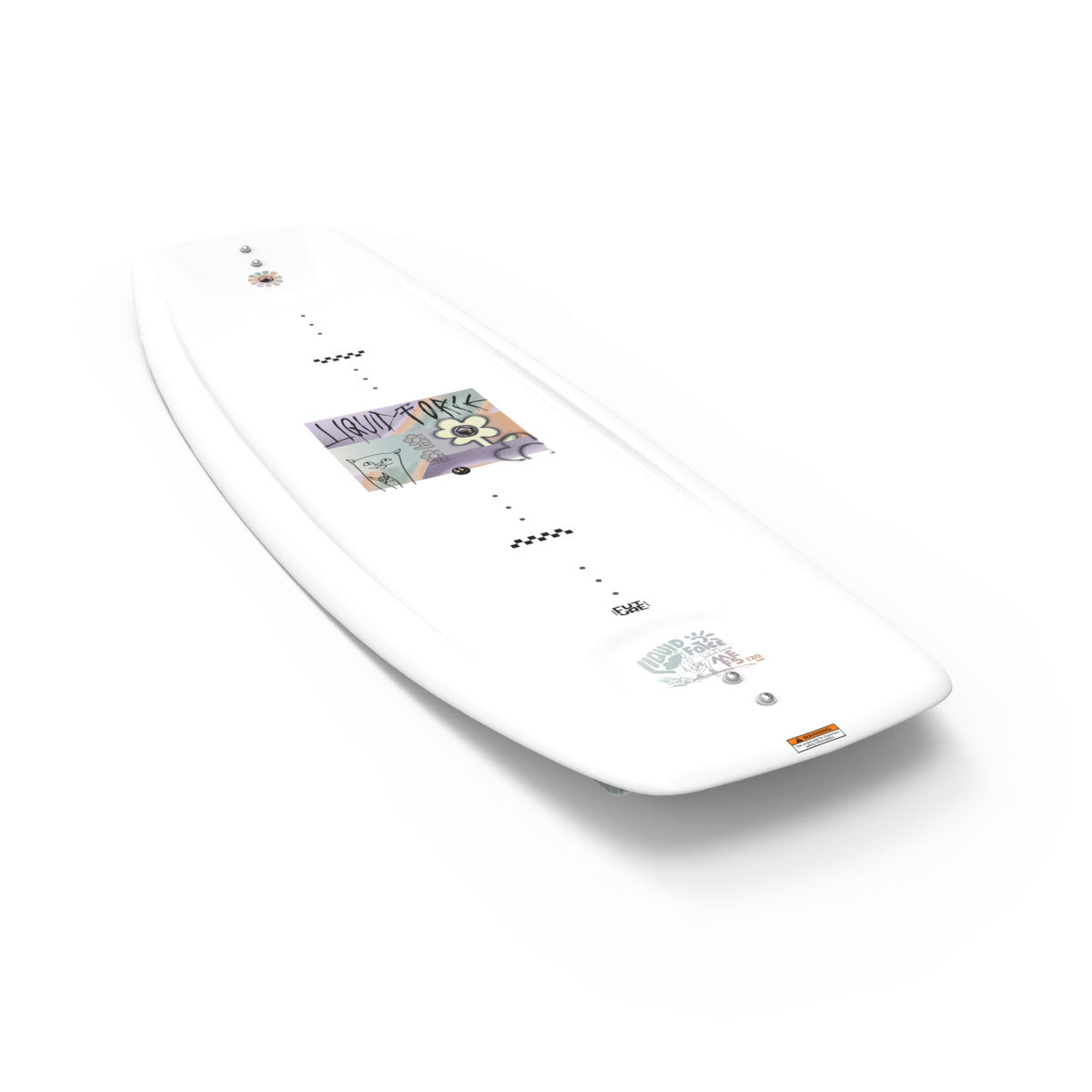 Angled top view of the M.E. FS wakeboard in white with square pastel logo detail.