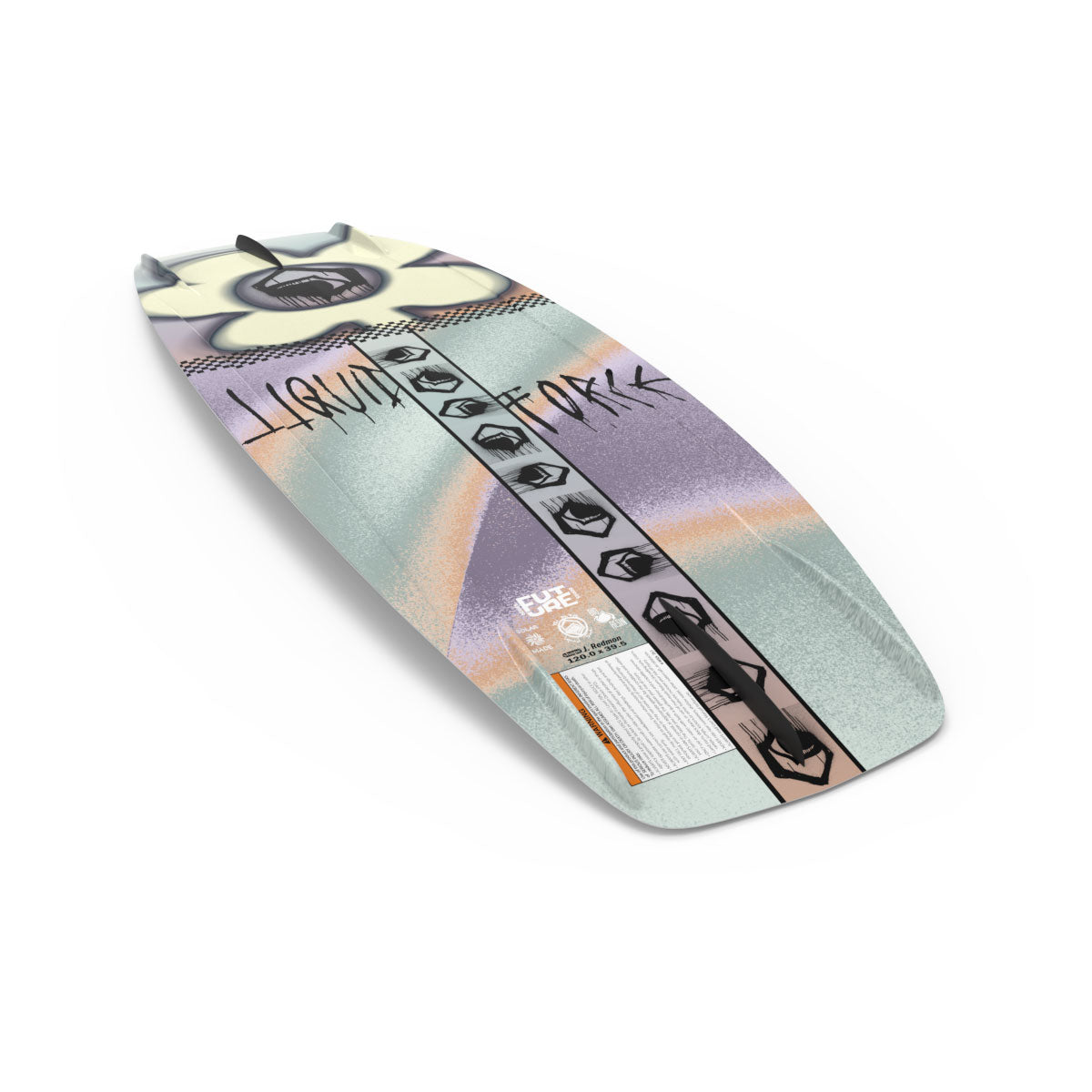 Angled base view of the M.E. FS wakeboard with pastel graffiti design and black logo.