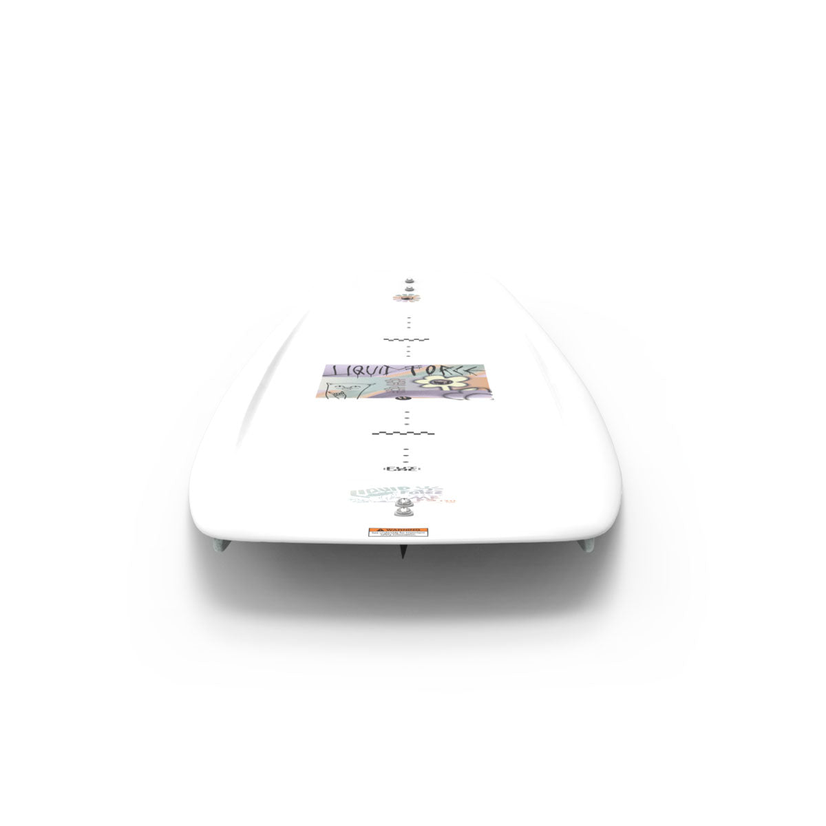 Rear view of M.E. wakeboard with graffiti detail and white top.