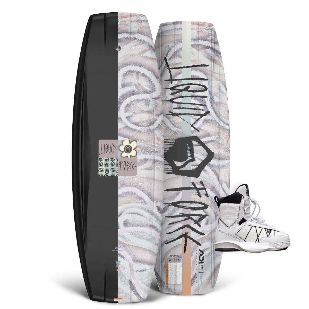 Front and back of M.E. wakeboard with pastel swirl design shown beside white TAO 6X bindings.