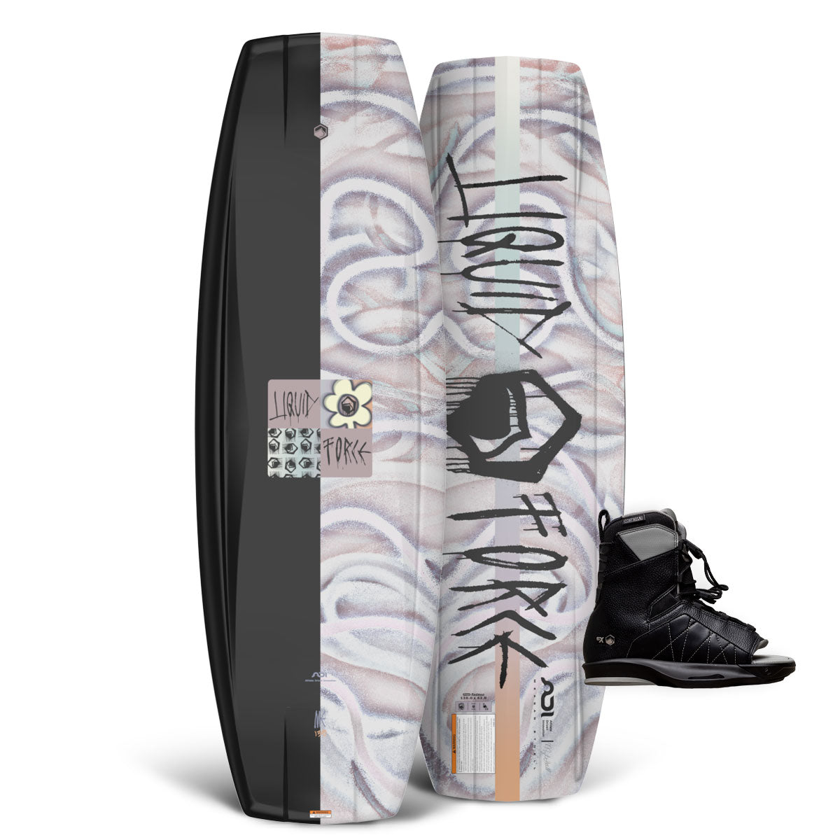Top and base view of M.E. wakeboard with soft swirl design and black Transit 6X bindings.