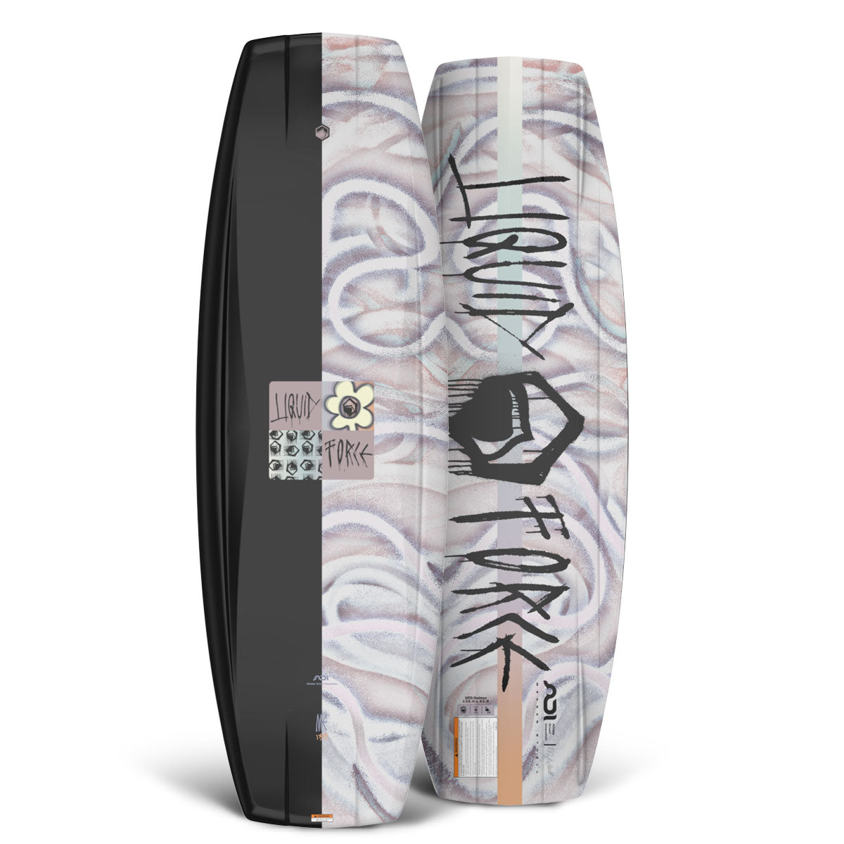 Front and back view of M.E. wakeboard with abstract pastel design and bold black logo.