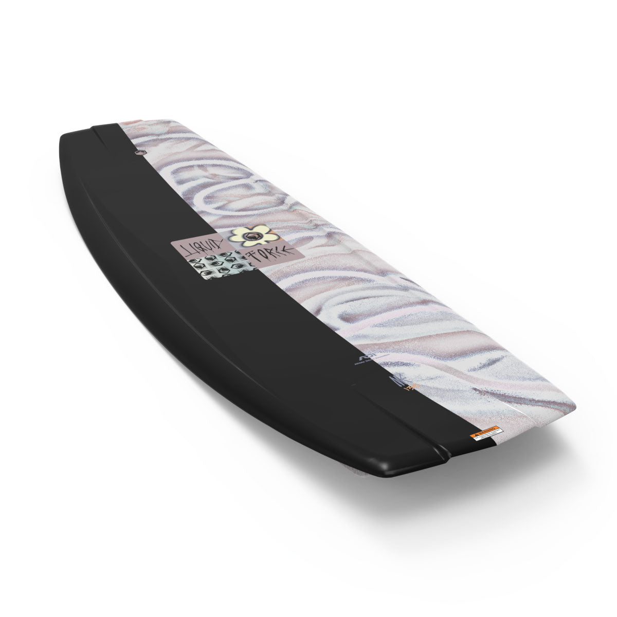 Angled top view of M.E. wakeboard showing black base with pastel swirl pattern and graphics.