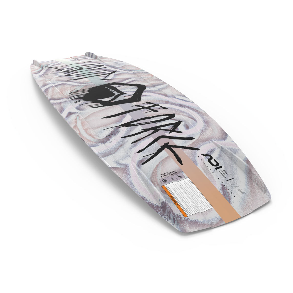 Angled bottom view of M.E. wakeboard with abstract artwork and black logo.