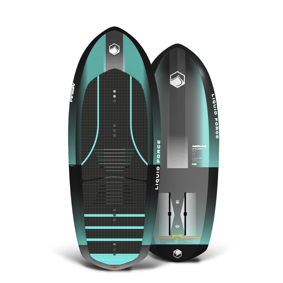 Top and base view of Nebula foil board in black and teal with textured deck and logo near nose.