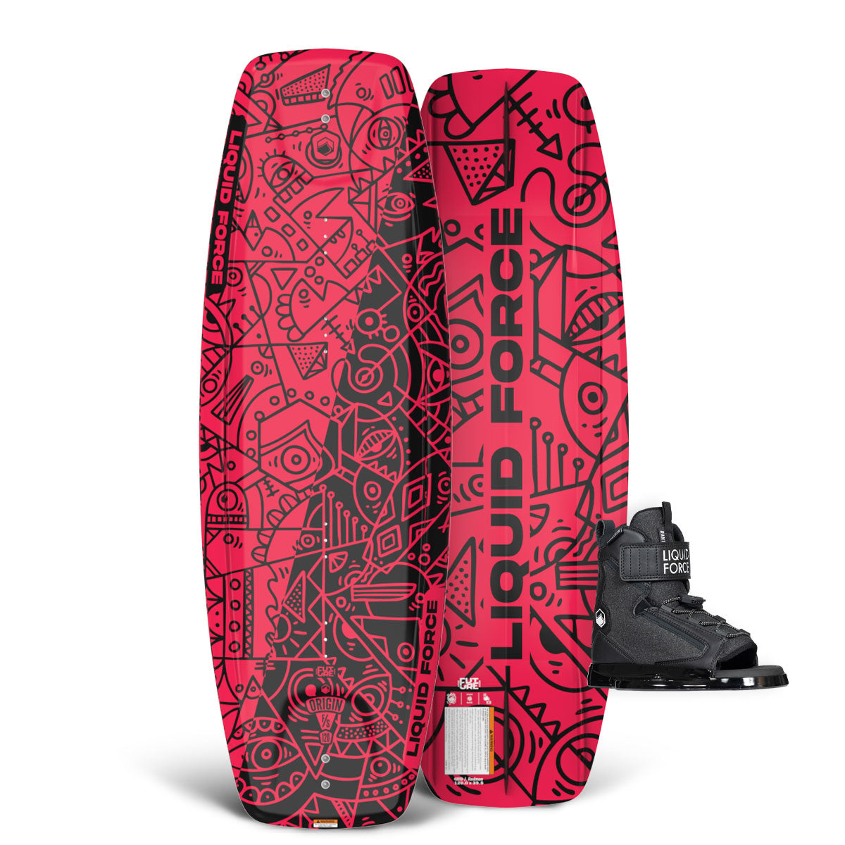Top and base view of Origin FS wakeboard with red geometric pattern and black Rant 6R bindings.