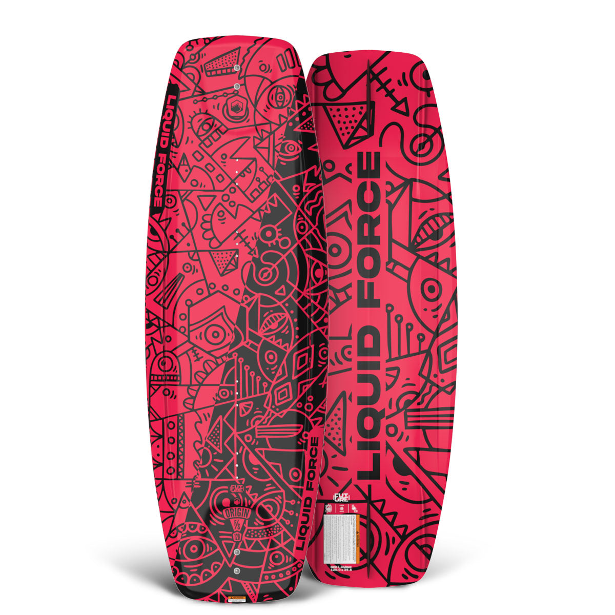 Top and base of the Origin FS wakeboard with a red and black geometric pattern.
