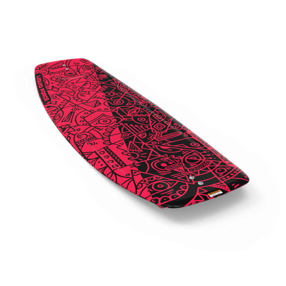 Angled top view of the Origin FS wakeboard with red and black geometric design.