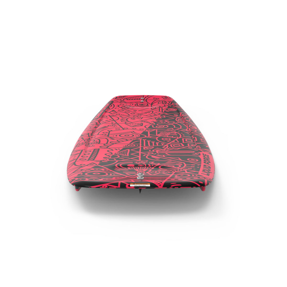 Tail view of Origin FS wakeboard with red and black geometric pattern.