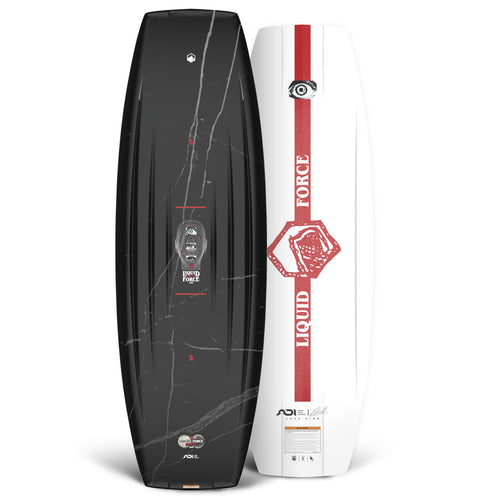 Top and base view of the Origin wakeboard in black and white with red accents.