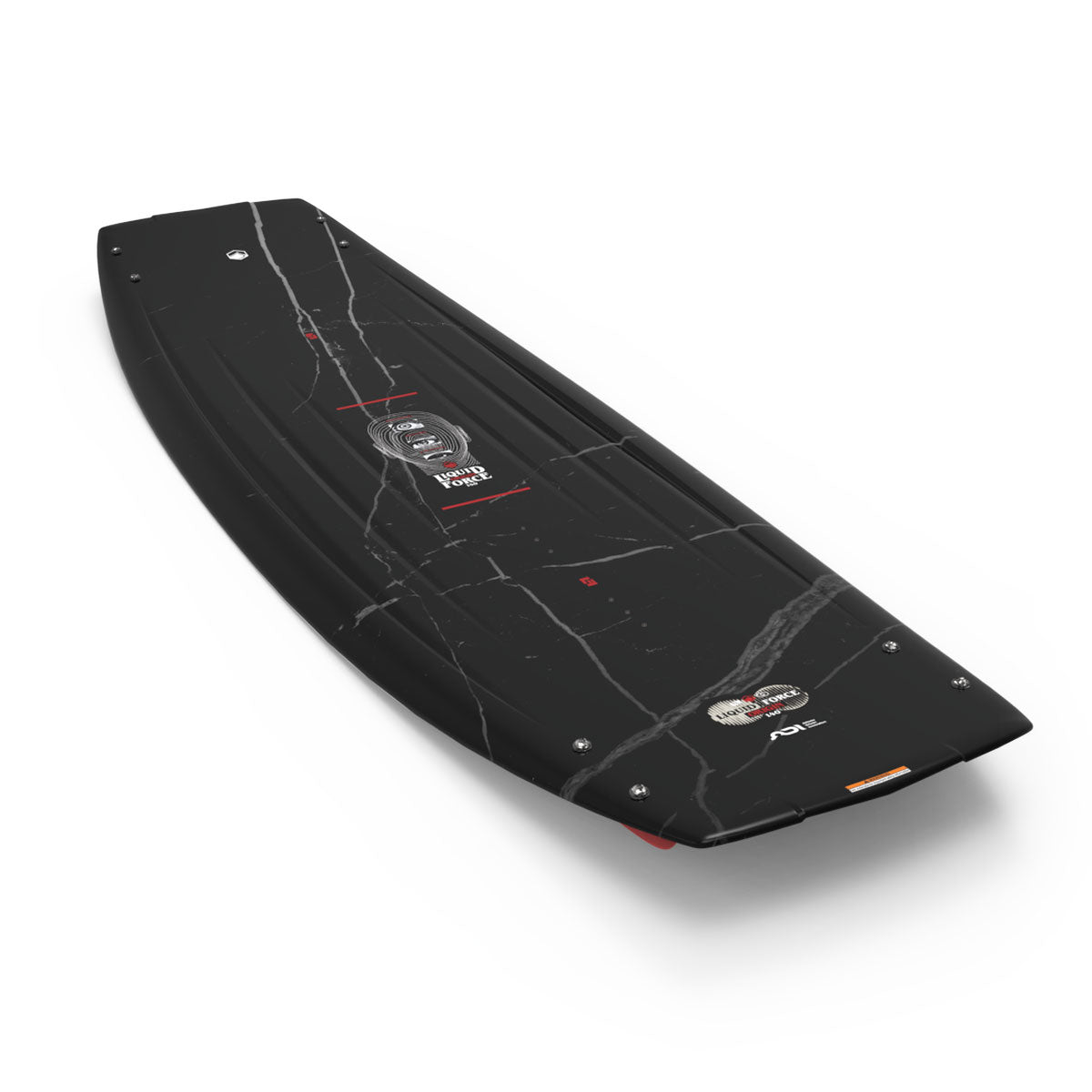 Top and base view of the Origin wakeboard in black and white with red accents.