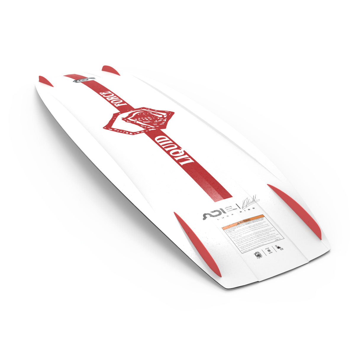 Base view of the Origin wakeboard in white with red accents and Liquid Force logo.