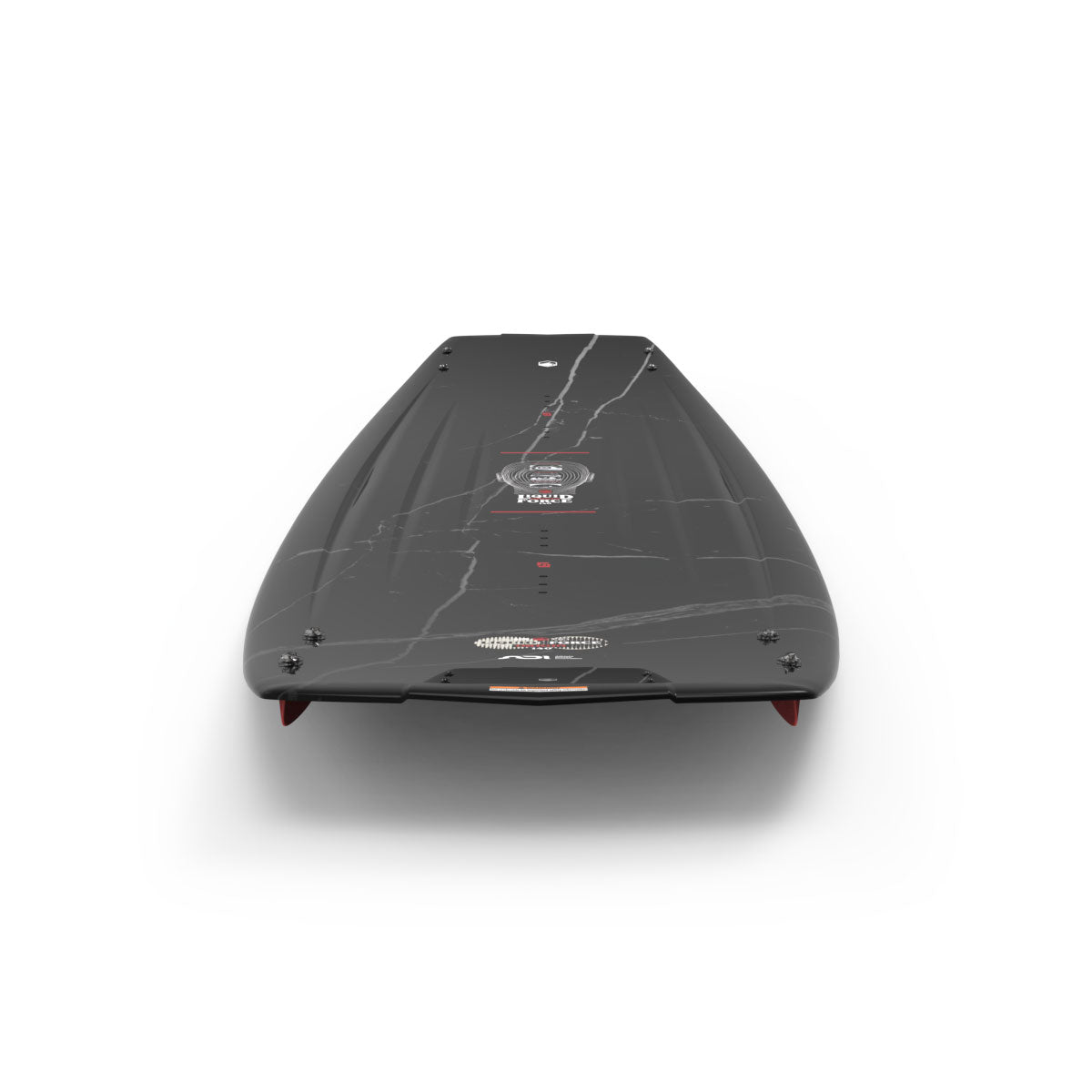 Rear view of the Origin wakeboard in black with white and red accents.