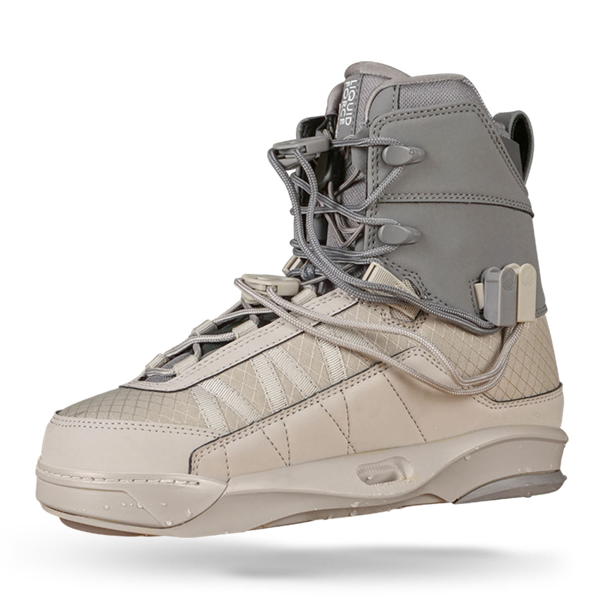 Opposite side view of Peak 4D binding in tan and grey with laces.