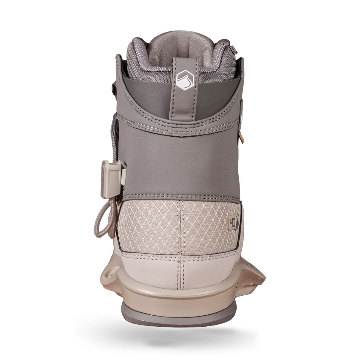 Back view of Peak 4D binding in tan and grey with heel detail.