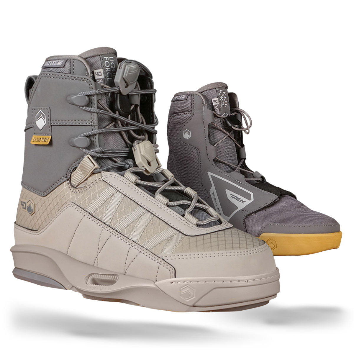 Angled view of Peak 4D binding in tan and grey shown with inner liner.