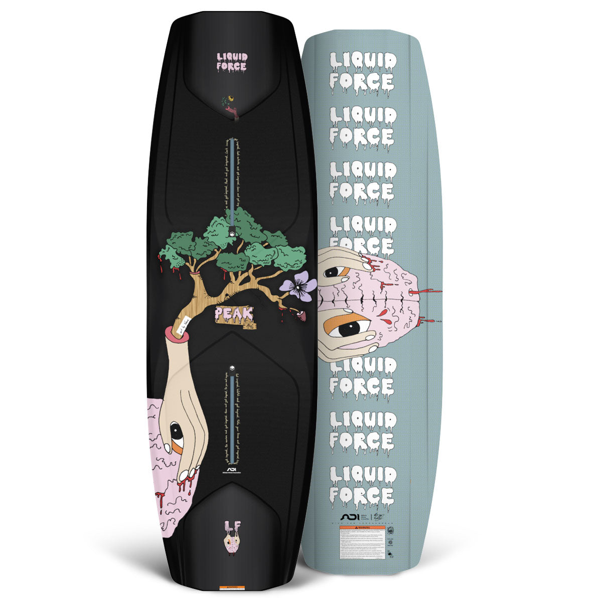 Peak wakeboard top and base view with surreal tree, hand, and eye graphics.