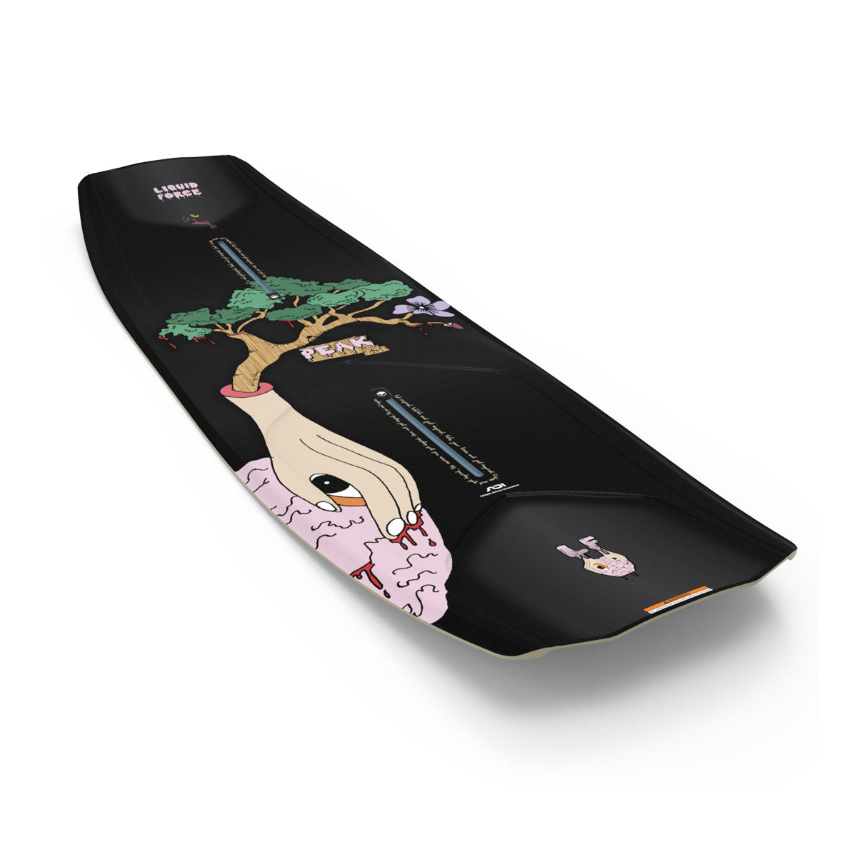 Peak wakeboard top and base view with surreal tree, hand, and eye graphics.