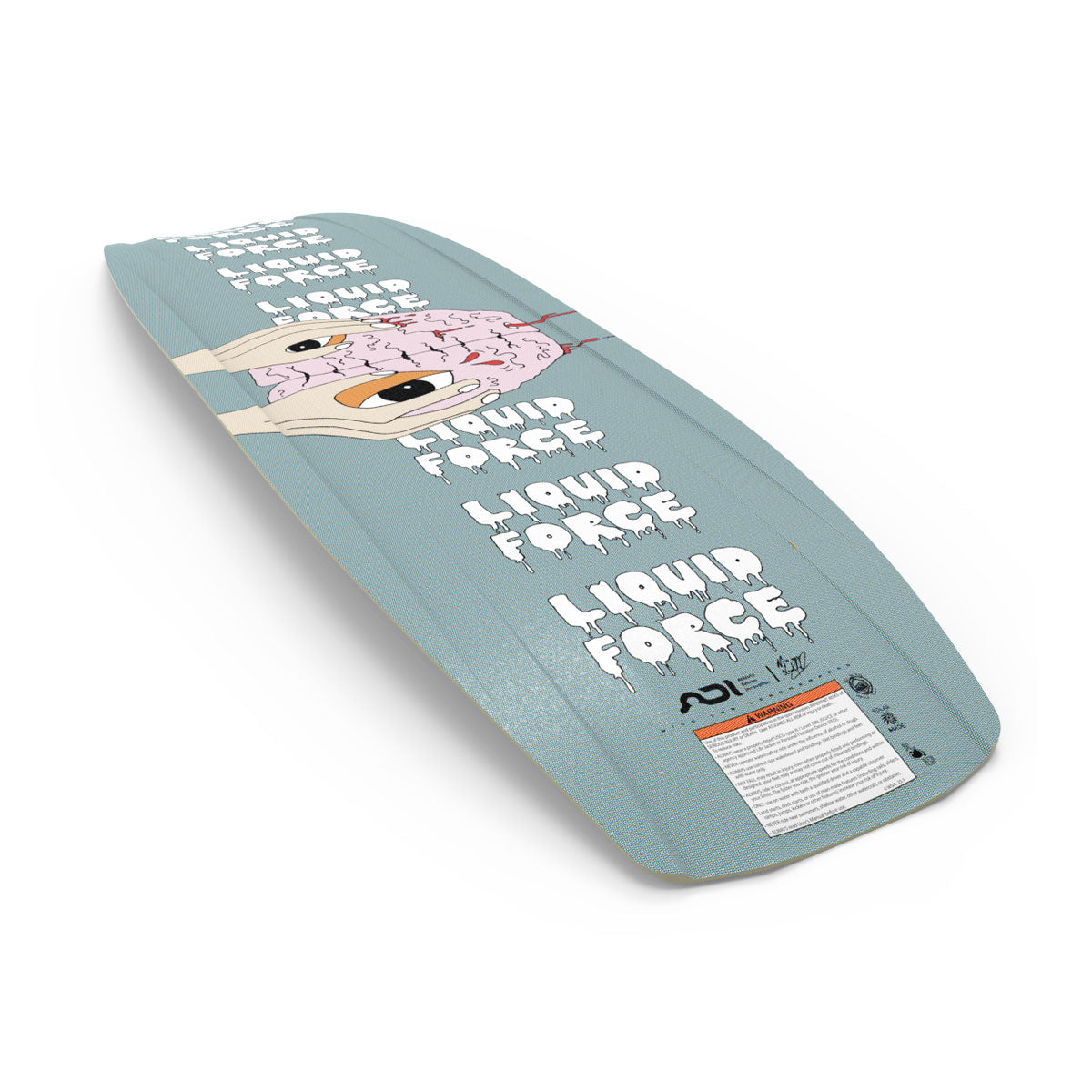 Angled view of Peak wakeboard base with eye graphic and repeated logo text.