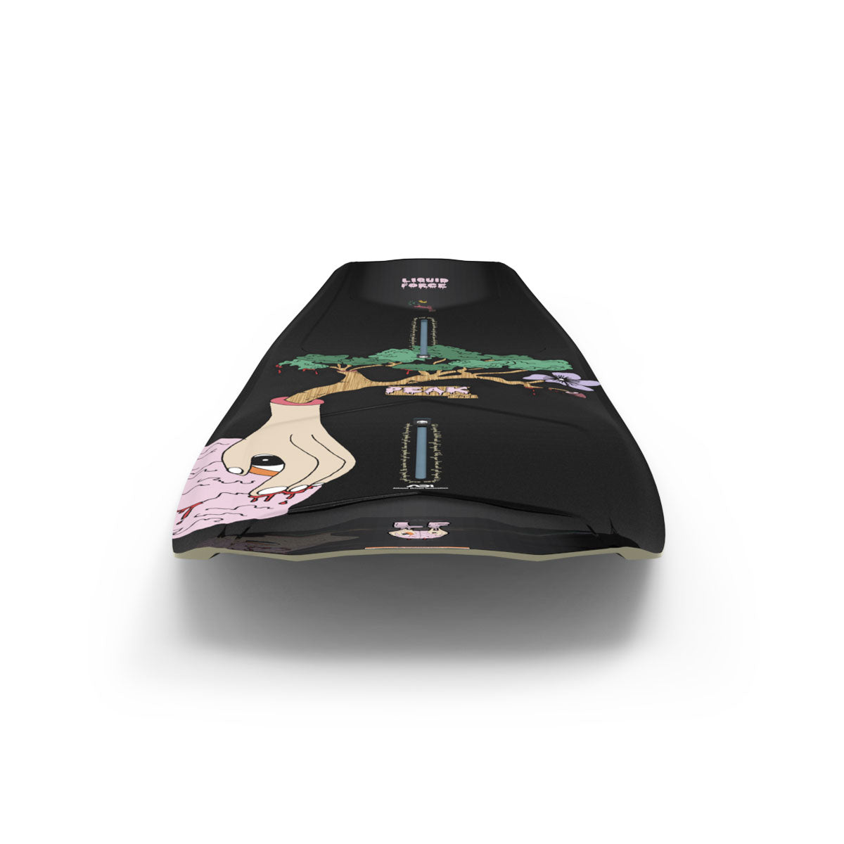 Rear view of Peak wakeboard highlighting surreal art and contoured shape.