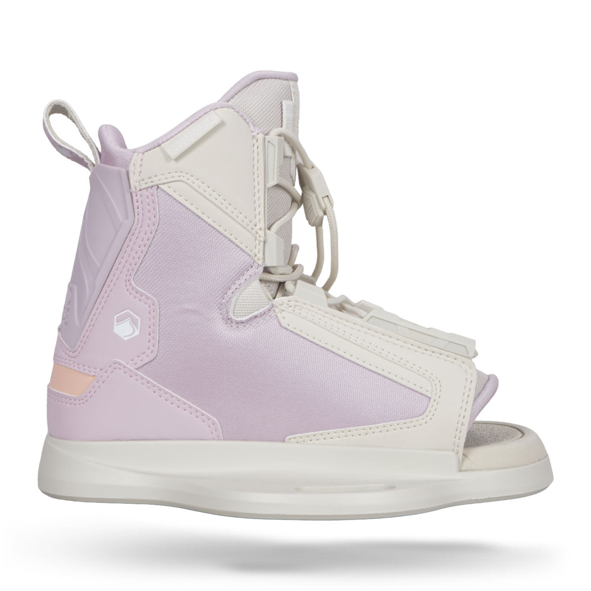 Side view of Plush 6R white lilac binding with closed laces.