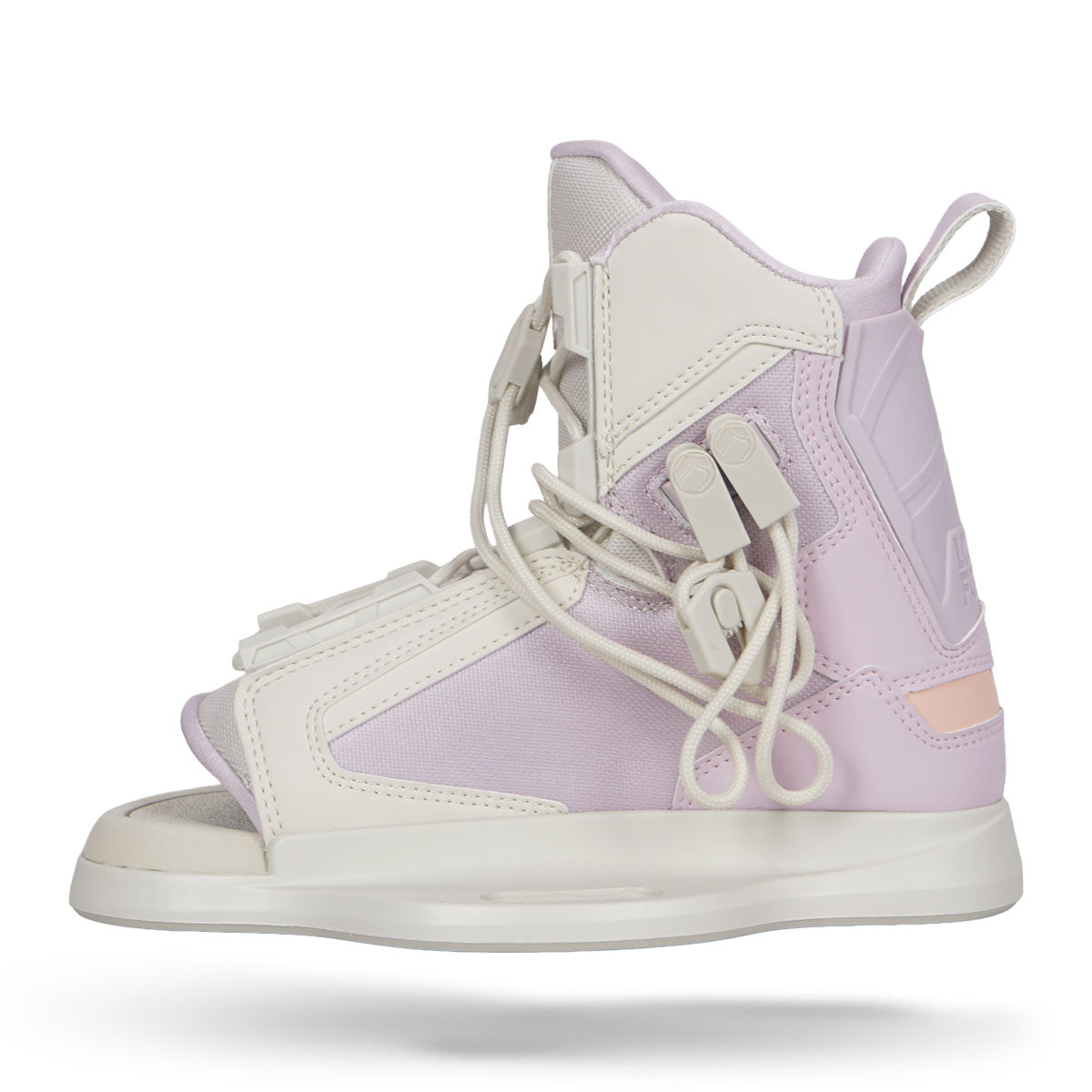 Side view of Plush 6R white lilac binding with closed laces.