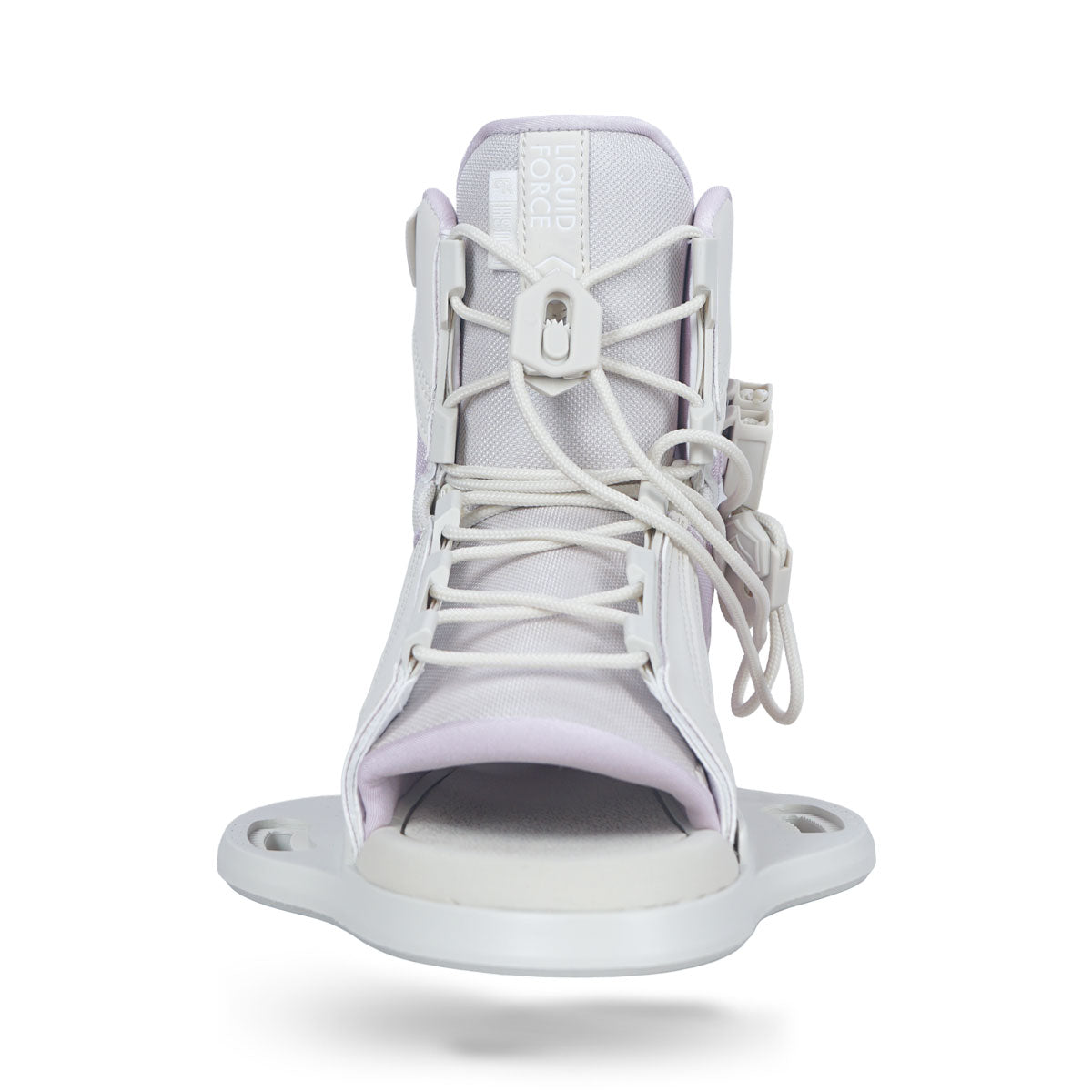 Front view of Plush 6R white lilac binding with open toe.