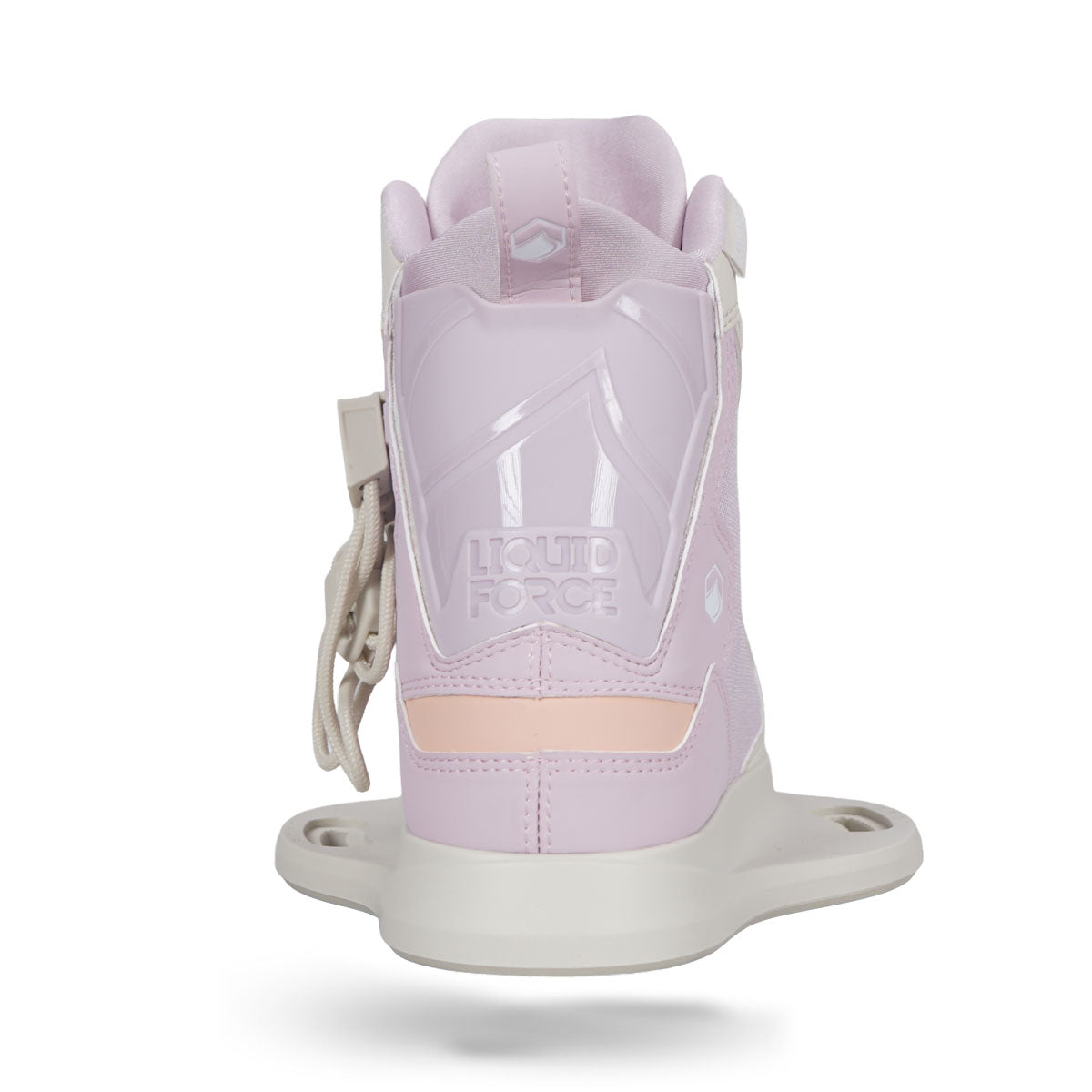 Back view of Plush 6R white lilac binding with logo on heel.