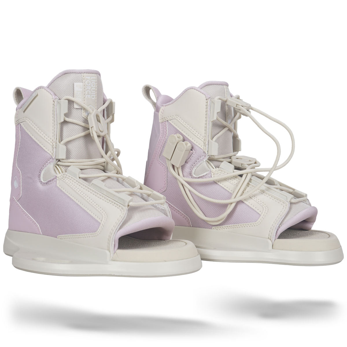 Angled view of Plush 6R white lilac bindings shown as a pair.