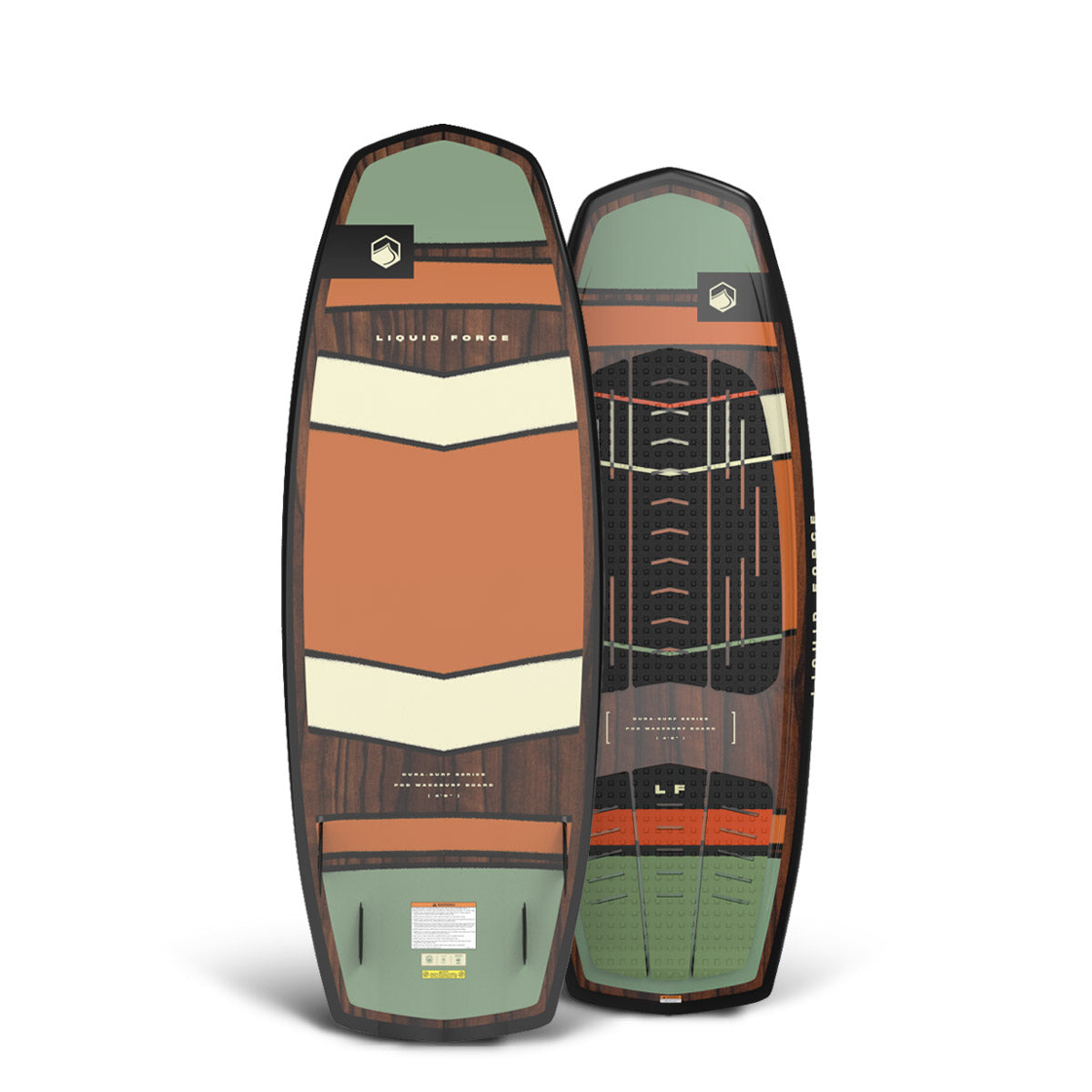 Front and back of the POD 4'0" wakesurfer with green, cream, and rust geometric design over wood grain.