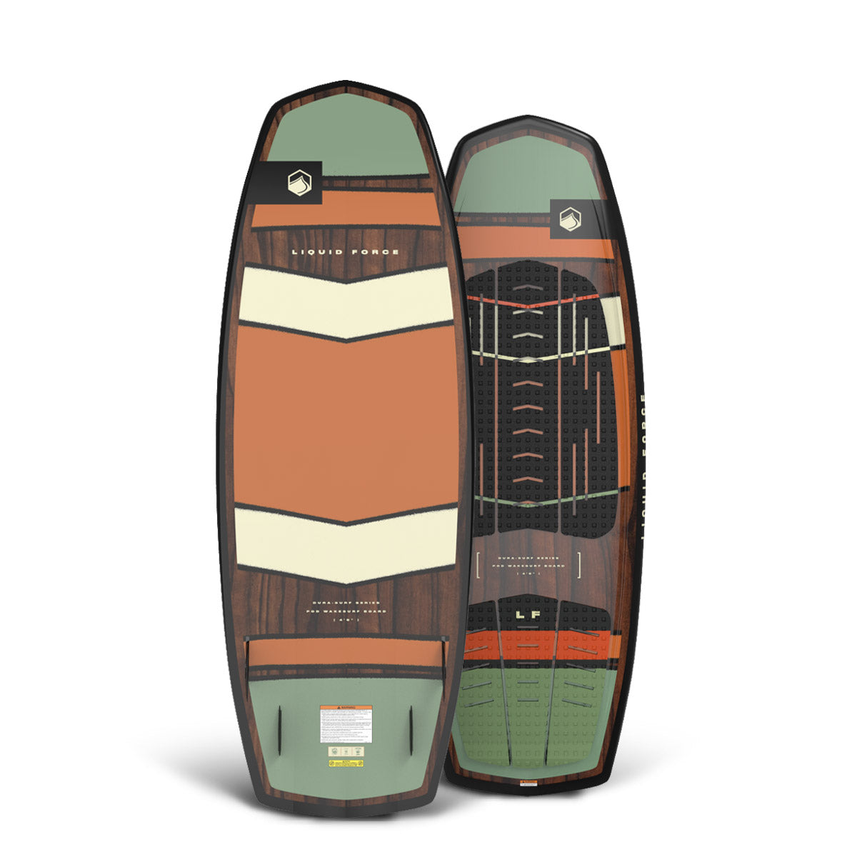 Front and back of the POD 4'4" wakesurfer with green, cream, and rust geometric design over wood grain.
