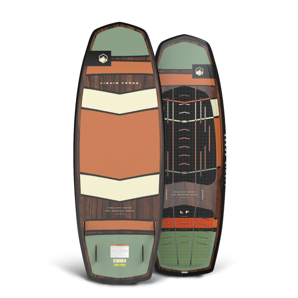 Front and back of the POD 4'9" wakesurfer with green, cream, and rust geometric design over wood grain.