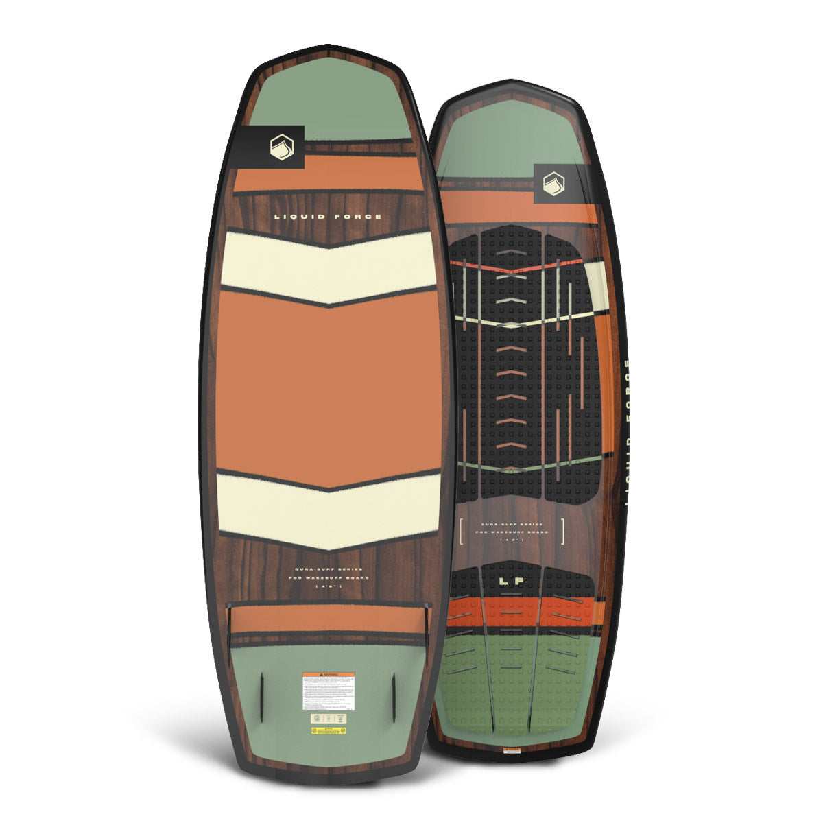 Front and back of the POD 5'2" wakesurfer with green, cream, and rust geometric design over wood grain.