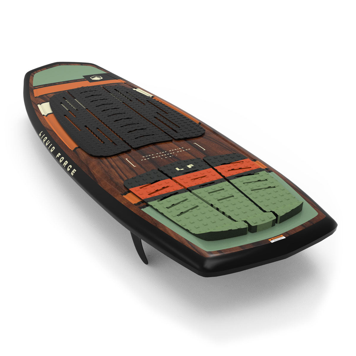 Angled view of Pod board with green and orange traction pads over a dark wood deck.