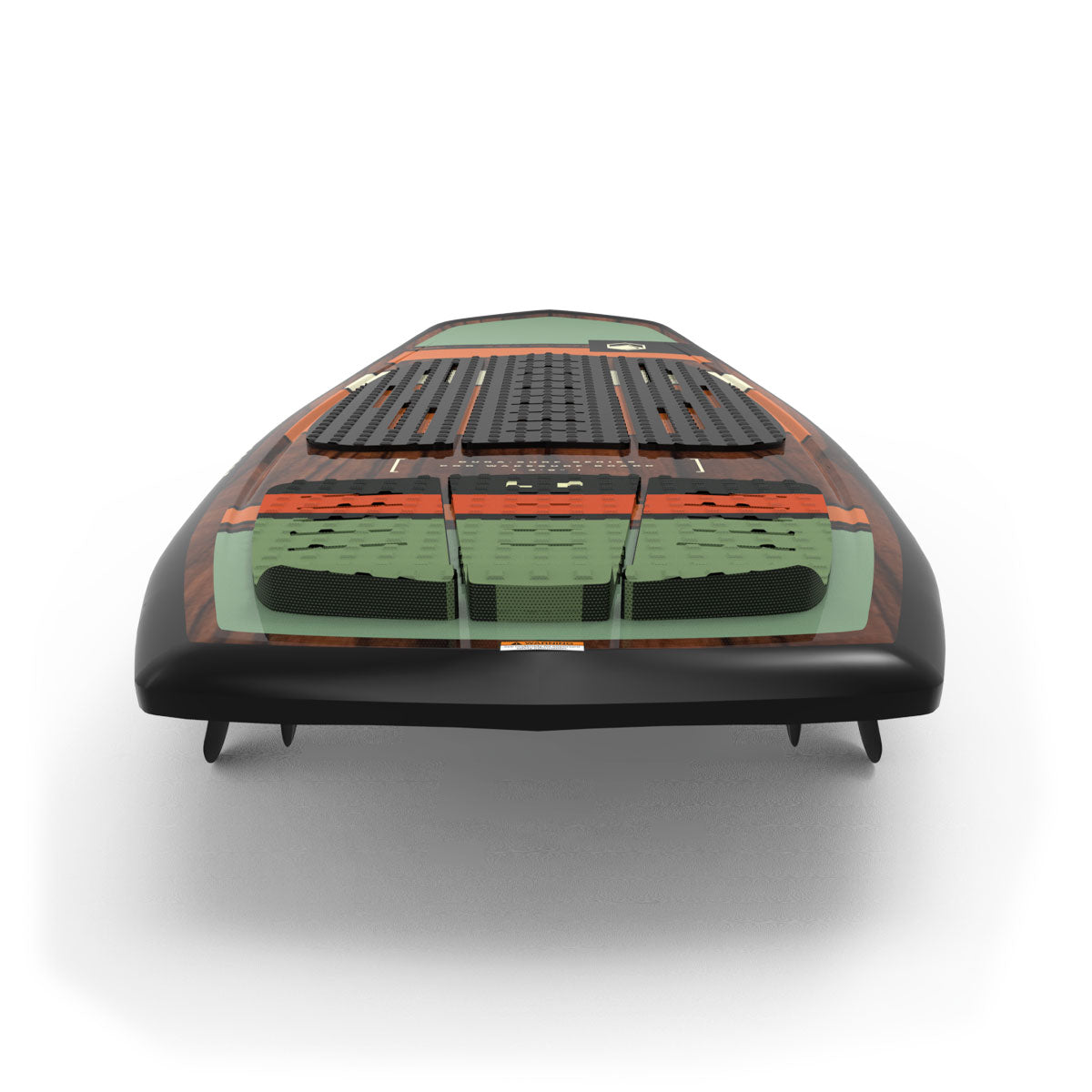 Rear view of Pod board showing textured green and orange traction pads.