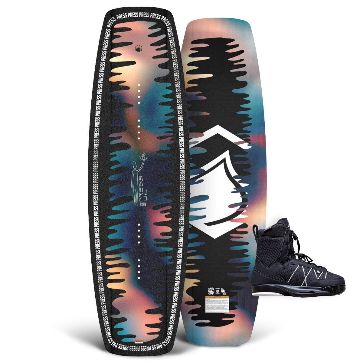 Top and base view of the Press wakeboard with a black TAO 6X binding.