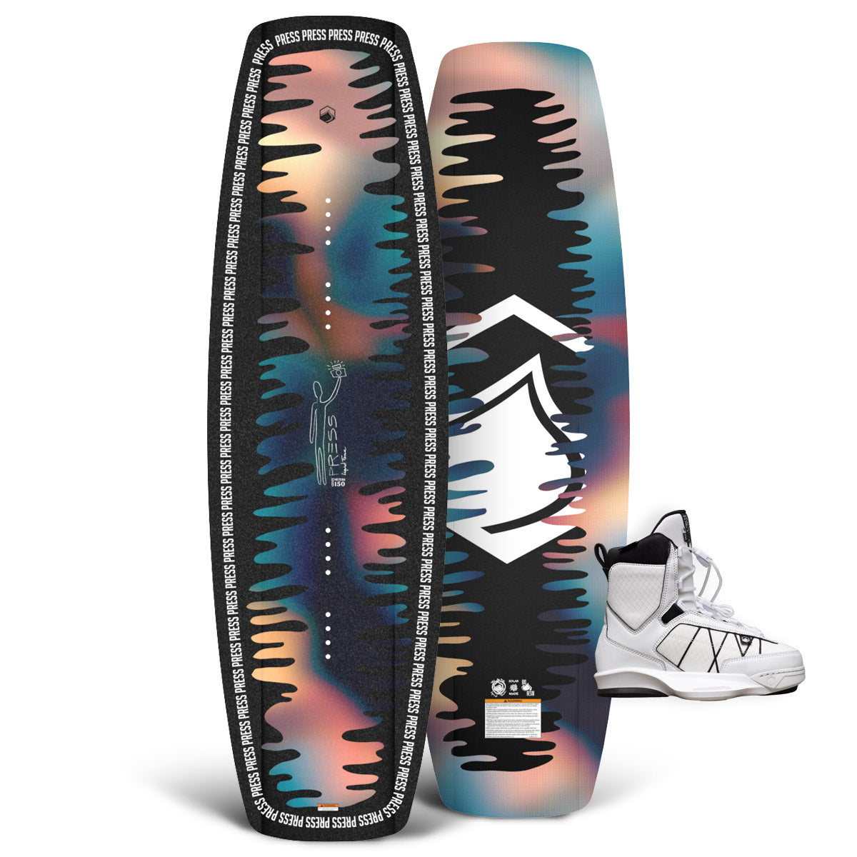 Top and base view of the Press wakeboard with a white TAO 6X binding.