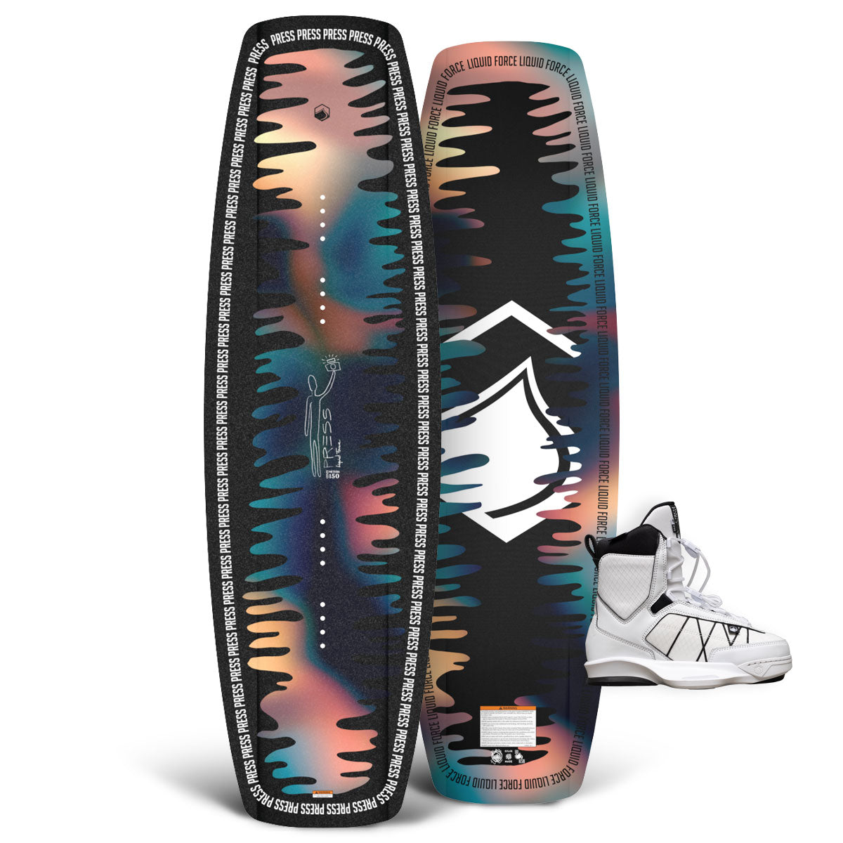 Top and base view of Press wakeboard with multicolor wave design and white TAO 6X bindings.