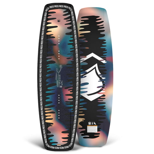 Top and base view of the Press wakeboard with black abstract graphics.