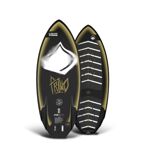 Front and back of the Primo 4'0" wakesurfer with black, gold, and white graphic design and striped traction pads.