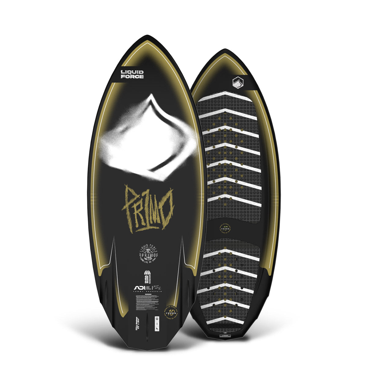 Front and back of the Primo 4'10" wakesurfer with black, gold, and white graphic design and striped traction pads.