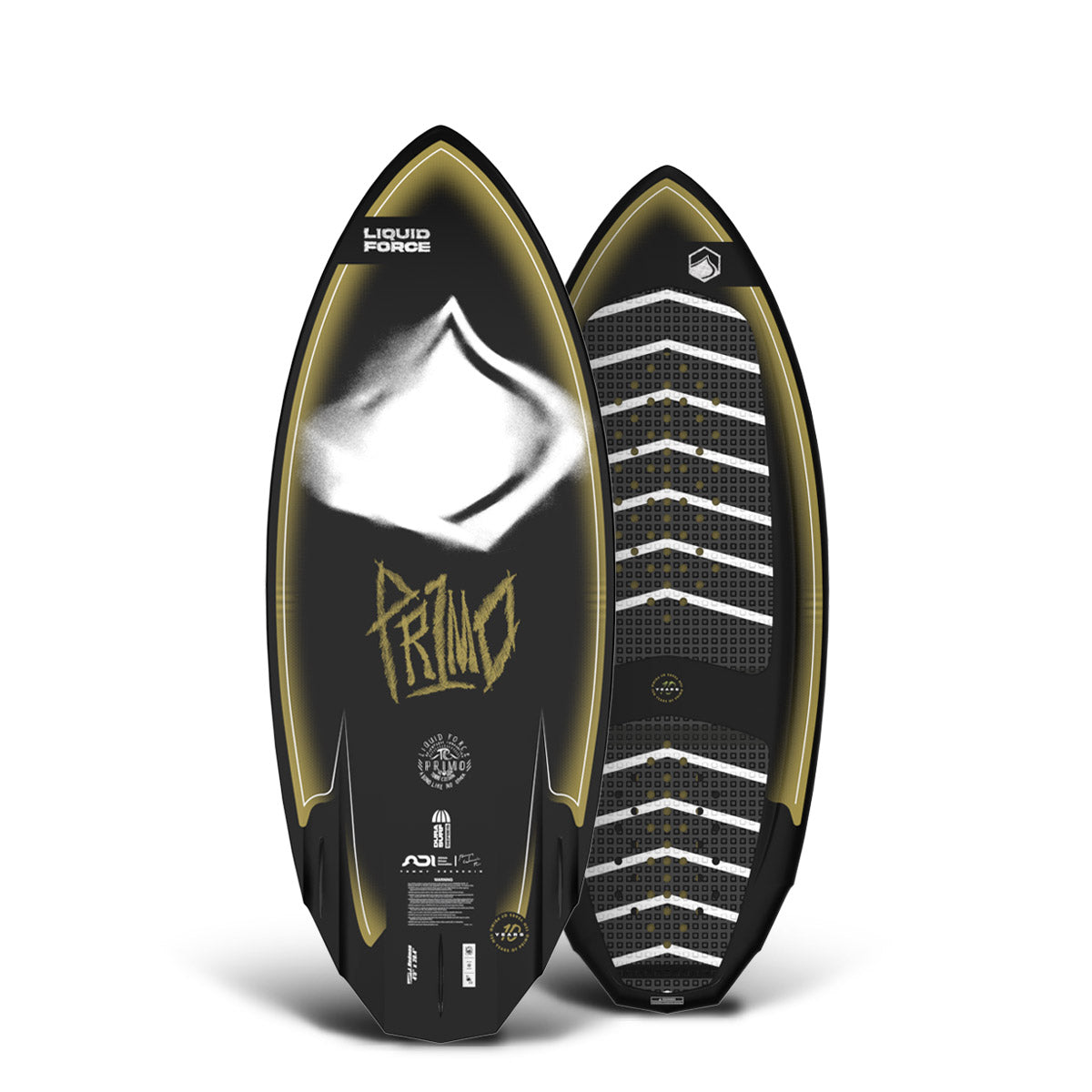 Front and back of the Primo 4'5" wakesurfer with black, gold, and white graphic design and striped traction pads.