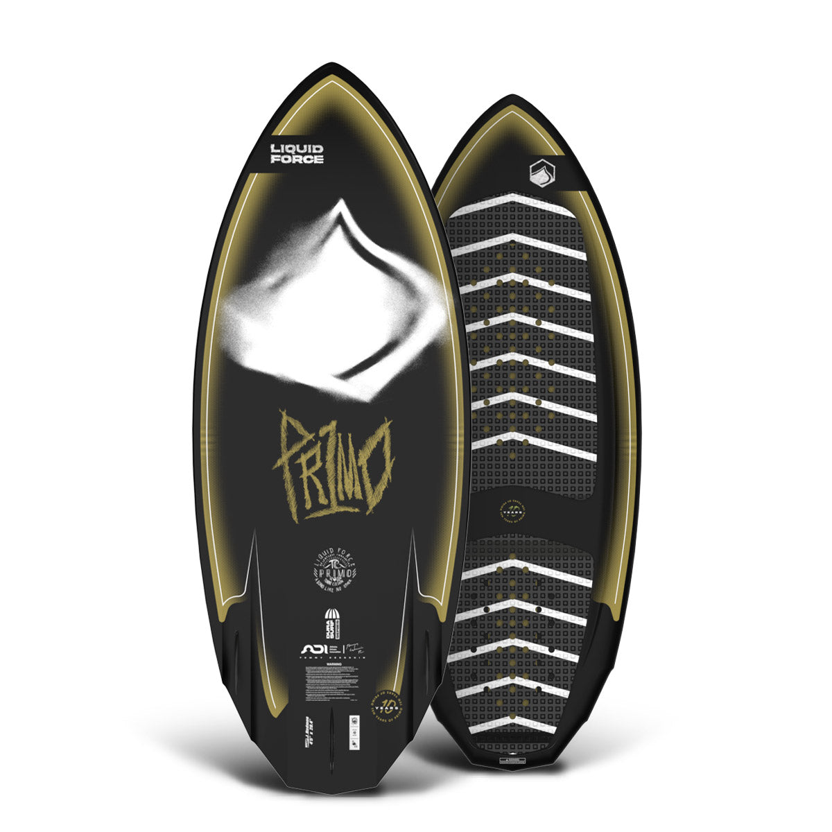 Front and back of the Primo 5'3" wakesurfer with black, gold, and white graphic design and striped traction pads.