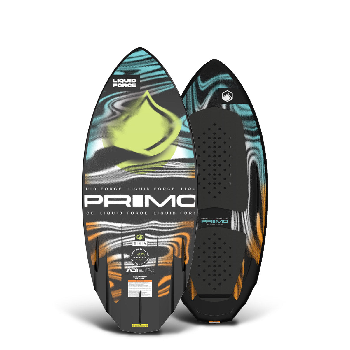 Front and back of the Primo FS wakesurfer with black, teal, orange, and lime wave pattern design.