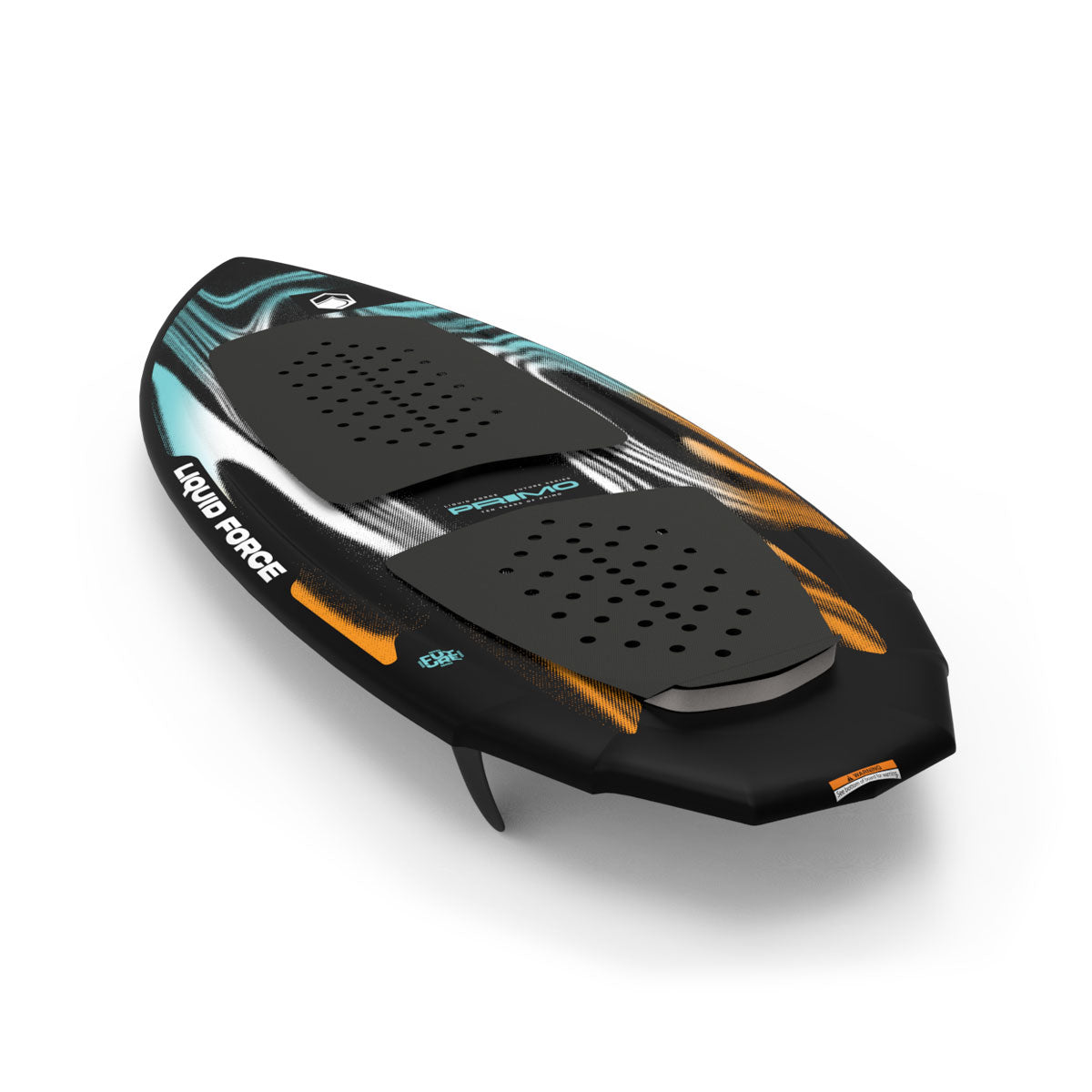Angled view of Primo FS wakesurf board with black traction pads and streaked deck art.