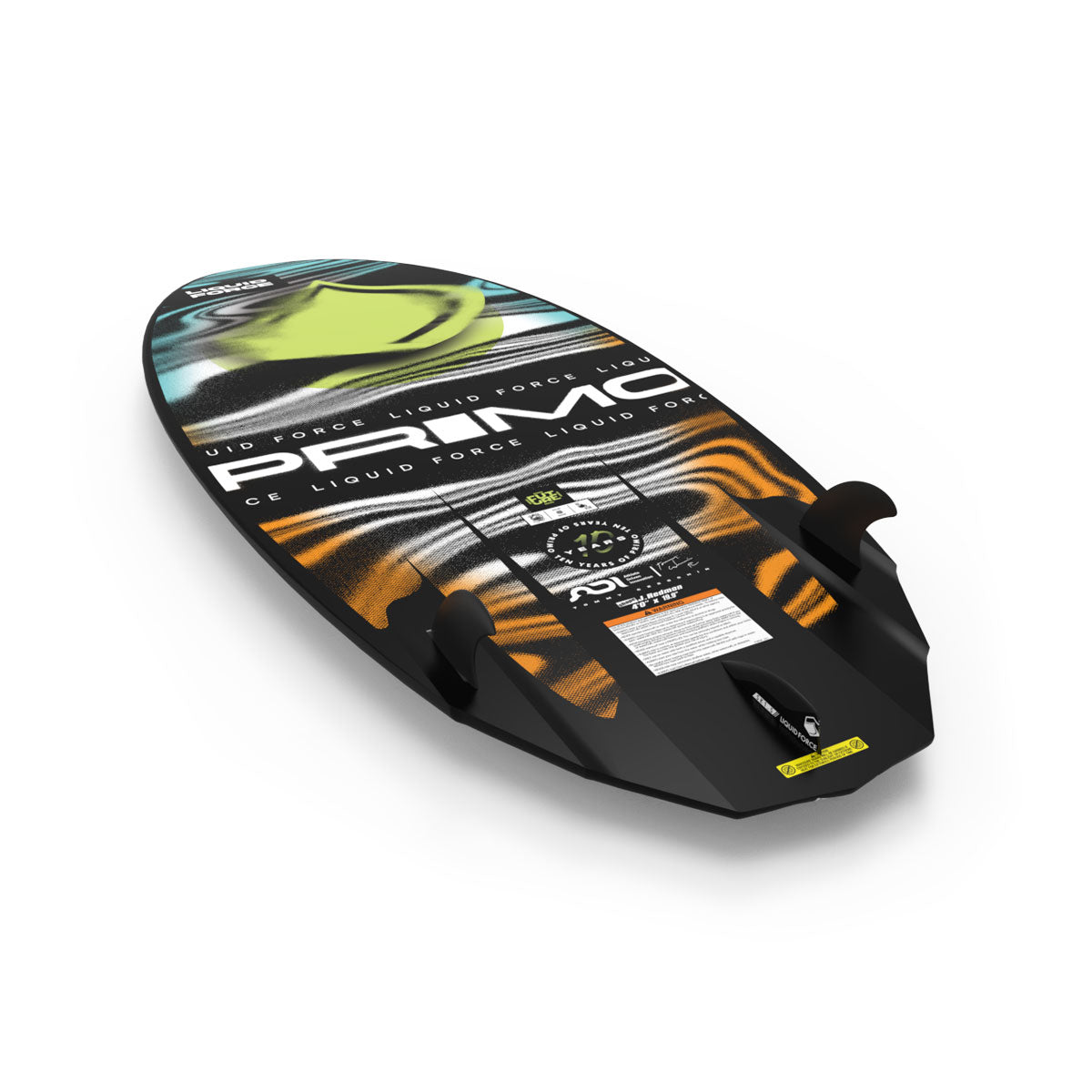 Underside view of Primo FS wakesurf board showing triple fins and multicolor graphics.