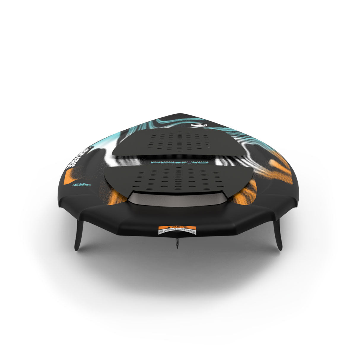 Rear view of Primo FS wakesurf board with traction pads and dual fin setup visible.